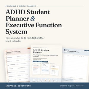 Può includere: Un pianificatore per studenti ADHD e sistema di funzioni esecutive digitale e stampabile con 100 pagine e 18 sezioni. Il documento include un percorso decisionale, un tracker dei compiti e pagine per esami e grandi progetti.