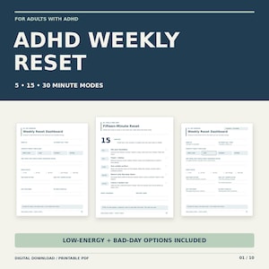 Puede incluir: Un planificador digital ADHD Weekly Reset con encabezado azul oscuro y fondo crema. El texto dice ADHD WEEKLY RESET, 5 15 30 MINUTE MODES y LOW-ENERGY + BAD-DAY OPTIONS INCLUDED. Tres páginas muestran un panel de control y una guía de reinicio de quince minutos.