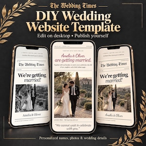 Puede incluir: Tres teléfonos inteligentes muestran una plantilla de sitio web de bodas DIY con un diseño de periódico titulado The Wedding Times. Las pantallas muestran fotos de una pareja, el texto We’re getting married y detalles como Amelia & Oliver.