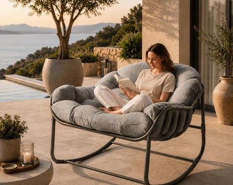 Mecedora extragrande de ratán, tumbona para patio exterior, silla huevo de mimbre con cojín, silla decorativa para interiores