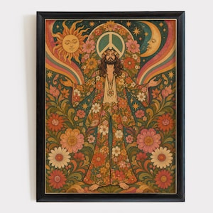 May include: A framed wall art print featuring a central figure with long hair and a beard, wearing a floral patterned suit. The background displays a sun, a crescent moon, a peace symbol, and colorful flowers in shades of orange, pink, and green.