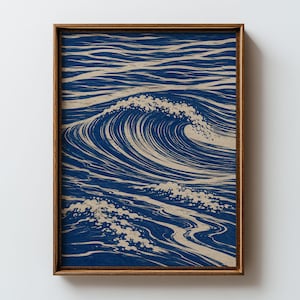 May include: A framed wall art print featuring a stylized illustration of a large ocean wave. The artwork uses a two-tone color palette of deep blue and cream, depicting the swirling motion of water with intricate, flowing lines and foam details.