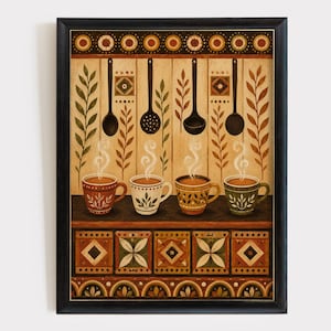 Puede incluir: Una lámina de arte enmarcada con cuatro tazas humeantes en rojo, crema, amarillo y verde sobre un estante. Sobre las tazas, cuatro utensilios de cocina negros cuelgan sobre un fondo de paneles de madera clara con hojas y bordes geométricos.