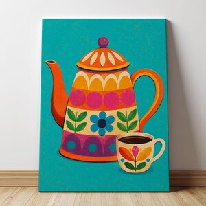 May include: A rectangular wall art print featuring a vibrant illustration of a teapot and a matching teacup against a solid teal background. The teapot displays horizontal bands of orange, yellow, pink, and purple with floral and geometric patterns.