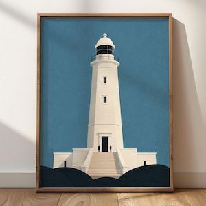 May include: A vertical rectangular print featuring a white lighthouse centred against a solid blue background. The lighthouse has a black lantern room, two small windows, and a central doorway with stairs leading up to the entrance.