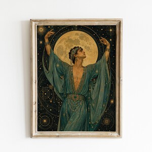 May include: A framed art print featuring a figure in a flowing teal robe with gold embroidery, standing before a large, luminous full moon. The background is a dark, starry night sky filled with intricate gold celestial patterns and constellations.