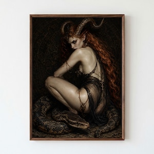 Lilith Hornorm Mörk fantasi Oljemålning Poster & Canvas D45L4