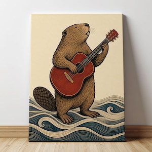 May include: A rectangular wall art print featuring a brown beaver standing upright on stylized blue and white waves. The beaver is playing a red acoustic guitar with a dark fretboard. The background is a solid cream color with black line art.
