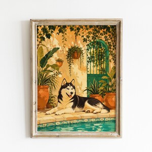 Reclining Black-and-White Husky Mediterranean Garden Courtyard Poster & Canvas B7NDA