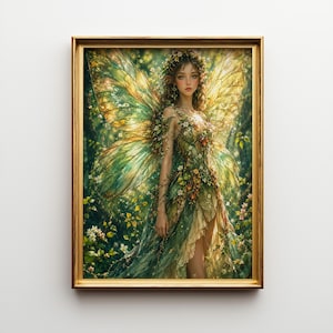 Könnte beinhalten: Ein gerahmter Kunstdruck, der eine Figur mit großen, durchscheinenden, irisierenden grün-goldenen Flügeln zeigt. Die Figur trägt ein fließendes grünes Kleid, das mit kleinen weißen und orangefarbenen Blüten, einem Blumenkranz und Ranken verziert ist.