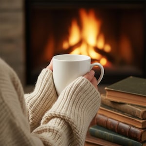 Puede incluir: Una taza de cerámica blanca lisa con un asa curva, sostenida por manos que llevan un suéter de punto acanalado beige. La taza es lisa y de color sólido, con un cuerpo redondeado y un diseño sencillo frente a una chimenea desenfocada.