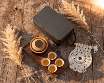 Aardetinten keramische reistheeset, draagbare glazen gongfu theepot (met of zonder houten handvat), schokbestendige koffer, ideaal als glamping cadeau.