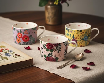 Ceramiczny kubek do kawy w stylu vintage z motywem kwiatowym, botaniczna filiżanka do herbaty Cottagecore, pastelowe naczynia do picia