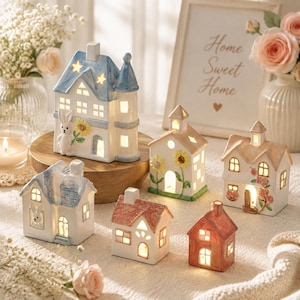 Lámpara de noche con forma de casa de cerámica, decoración rústica pintada a mano, mini lámpara nórdica, decoración navideña para pueblos, regalo navideño