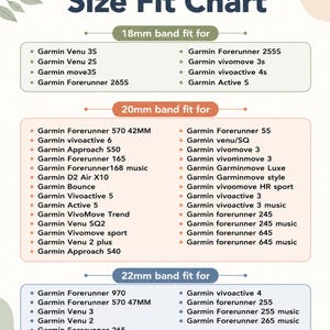 May include: A Size Fit Chart for watch bands listing compatibility for 18mm, 20mm, and 22mm sizes. The chart categorizes various Garmin watch models including Venu, Forerunner, vivoactive, and vivomove series under their respective band width requirements.