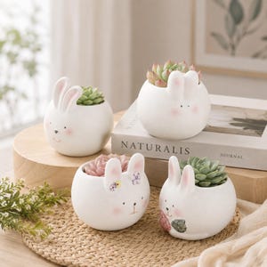 May include: Four white ceramic planters shaped like round rabbits, each containing a small succulent plant. The planters feature painted facial details, including pink cheeks and small eyes. One planter has floral accents, and another has a small red detail.