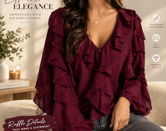 Burgundy Ruffle Blouse for women, V Neck Long Sleeve Top, Elegant Wine Red Dressy Shirt
