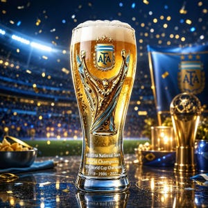 Puede incluir: Un vaso de cerveza alto lleno de cerveza dorada, con un gráfico en tono dorado del trofeo de la Copa Mundial de la FIFA y el escudo de la AFA. El vaso incluye el texto Argentina National Team, World Champions y FIFA World Cup Champions 1978-1986-2022.