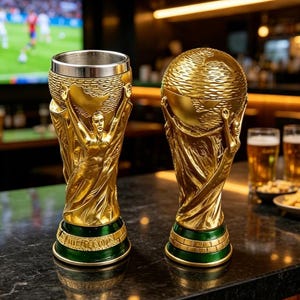 Puede incluir: Dos vasos dorados con forma de trofeo y acabado metálico. Cada recipiente presenta una figura esculpida que sostiene un globo terráqueo sobre una base circular de color verde oscuro. El vaso de la izquierda está abierto y tiene el interior plateado.