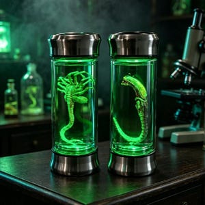 Puede incluir: Dos recipientes cilíndricos de cristal con tapas y bases de color plata metálica, cada uno iluminado con una luz verde vibrante. El recipiente izquierdo contiene una criatura de múltiples patas y el derecho un organismo curvo y segmentado.