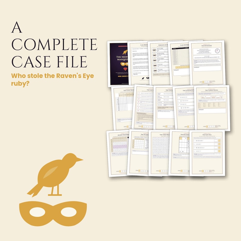 Puede incluir: Un archivo de caso completo titulado The Midnight Masquerade, que presenta una colecci&oacute;n de documentos impresos, formularios y hojas de investigaci&oacute;n. El texto dice A COMPLETE CASE FILE Who stole the Raven's Eye ruby? con un icono de p&aacute;jaro y m&aacute;scara dorados.