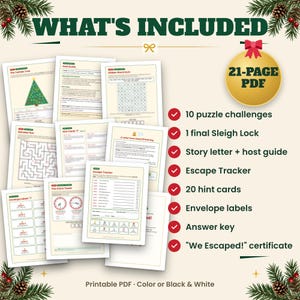 May include: A 21-page printable PDF Christmas escape room game kit featuring puzzle challenge sheets, a host guide, a story letter, an escape tracker, 20 hint cards, envelope labels, an answer key, and a We Escaped certificate in color or black and white.