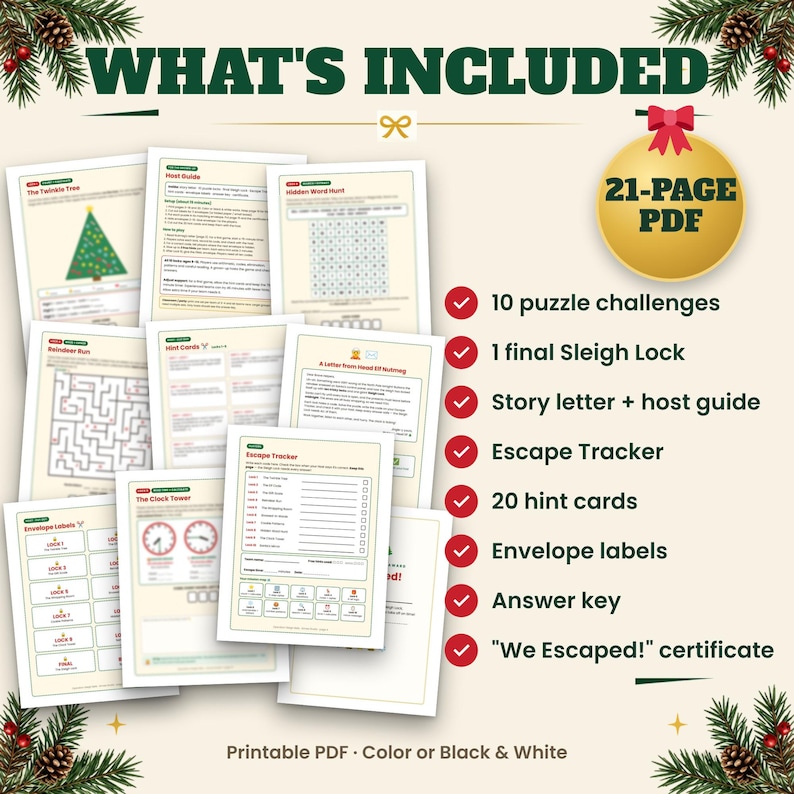 May include: A 21-page printable PDF Christmas escape room game kit featuring puzzle challenge sheets, a host guide, a story letter, an escape tracker, 20 hint cards, envelope labels, an answer key, and a We Escaped certificate in color or black and white.