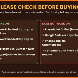 A compatibility check list indicating which software versions support the PowerPoint macros.