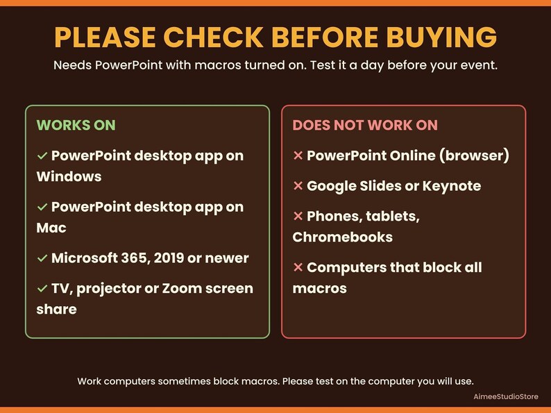 A compatibility check list indicating which software versions support the PowerPoint macros.