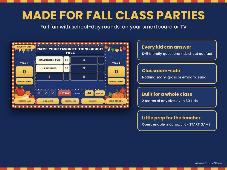 May include: A digital game interface titled MADE FOR FALL CLASS PARTIES featuring a game board with two teams, point tallies, and fall-themed graphics like apples and pumpkins. Text boxes highlight features for classroom use and teacher prep.
