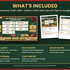 May include: A digital Christmas game set featuring a game board with the text Name Something You Put On A Christmas Tree, an answer key, and a host guide. The set includes a PowerPoint file with 50 rounds, click-to-reveal tiles, and auto-scoring features.