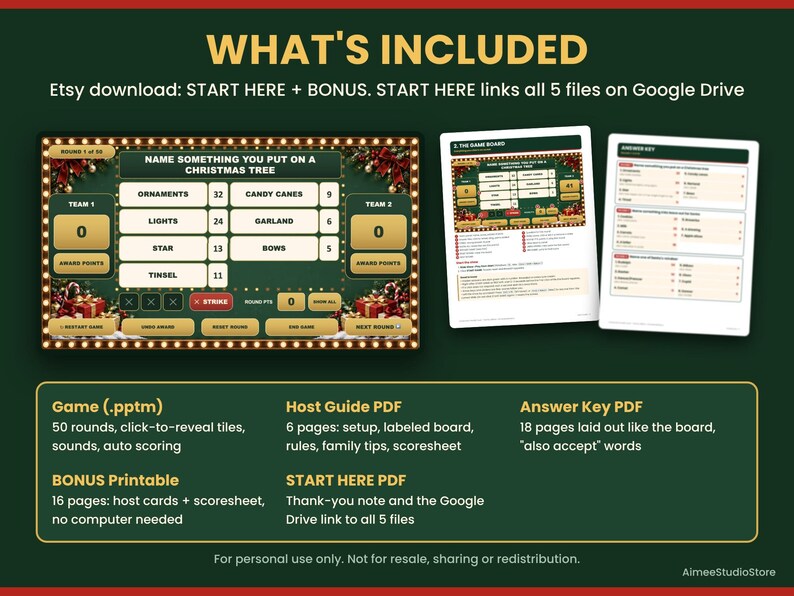May include: A digital Christmas game set featuring a game board with the text Name Something You Put On A Christmas Tree, an answer key, and a host guide. The set includes a PowerPoint file with 50 rounds, click-to-reveal tiles, and auto-scoring features.