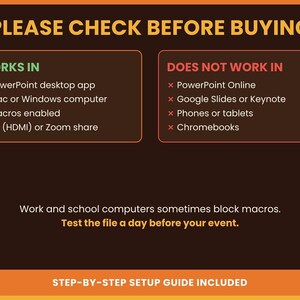 Compatibility guide detailing that the game works in the PowerPoint desktop app on Mac or Windows but does not work in PowerPoint Online or Google Slides.