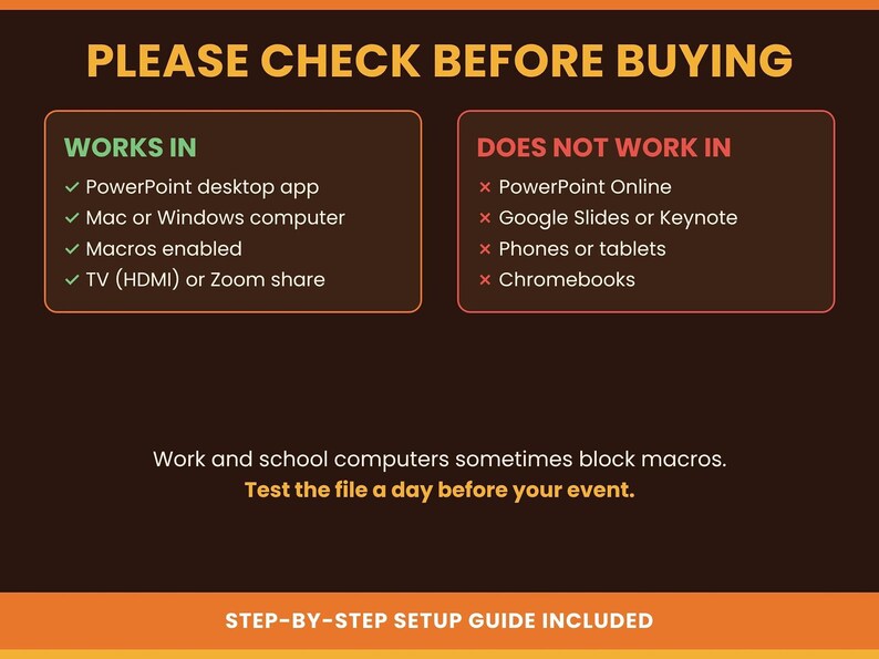 Compatibility guide detailing that the game works in the PowerPoint desktop app on Mac or Windows but does not work in PowerPoint Online or Google Slides.