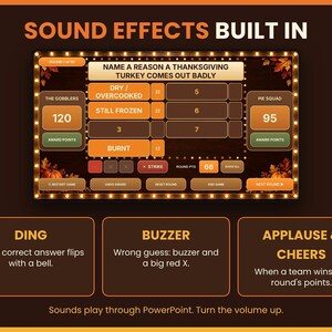 Feature breakdown graphic highlighting built-in sound effects including dings for correct answers, buzzers, and applause.