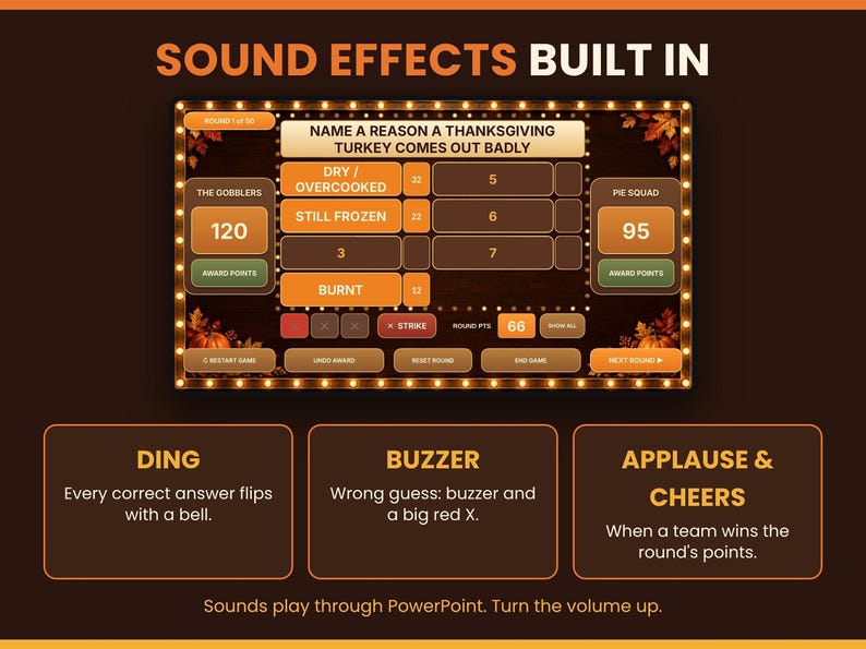 Feature breakdown graphic highlighting built-in sound effects including dings for correct answers, buzzers, and applause.