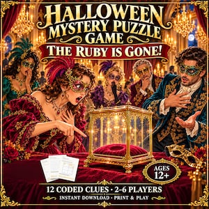 Puede incluir: Halloween Mystery Puzzle Game The Ruby Is Gone! incluye una vitrina dorada sobre un coj&iacute;n de terciopelo rojo, 12 pistas codificadas e instrucciones para 2-6 jugadores, mayores de 12 a&ntilde;os. La imagen muestra personas con trajes de m&aacute;scaras.