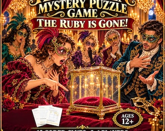 Może przedstawiać: Halloween Mystery Puzzle Game The Ruby Is Gone! zawiera złotą gablotę na czerwonej aksamitnej poduszce, 12 zakodowanych wskazówek i instrukcje dla 2-6 graczy w wieku od 12 lat. Grafika przedstawia osoby w strojach balowych z maskami.