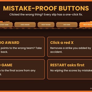A feature guide detailing the mistake-proof buttons like undo, remove strike, and end game.
