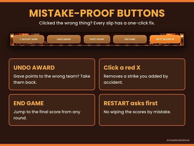 A feature guide detailing the mistake-proof buttons like undo, remove strike, and end game.