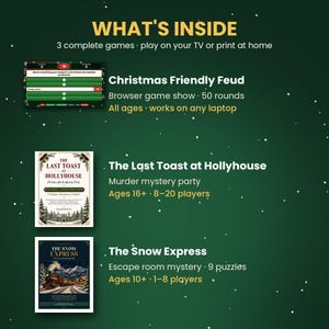 Puede incluir: Un paquete de tres juegos digitales sobre un fondo verde oscuro: Christmas Friendly Feud, un concurso de 50 rondas; The Last Toast at Hollyhouse, un juego de misterio y asesinato para 8-20 jugadores; y The Snow Express, una sala de escape con 9 acertijos.