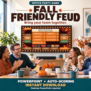 May include: A digital game titled Fall Friendly Feud displayed on a television screen, featuring a survey-style interface with categories like Pumpkin Pie and Apple Pie. The game includes auto-scoring features and is available as an instant download.