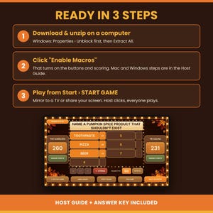 An informational slide outlining three steps to use the game alongside a preview of the autumn-themed trivia scoreboard.