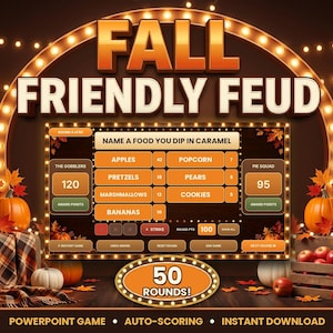 Fall Friendly Feud game interface displayed on a lit marquee backdrop surrounded by autumn leaves and pumpkins.