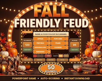 Fall Friendly Feud PowerPoint Game, 50-Round Auto-Scoring Family Feud Game Show, Thanksgiving Trivia Party Game for Family Game Night