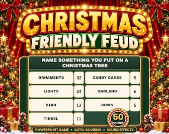 Może przedstawiać: Plansza do gry Christmas Friendly Feud ze złotym podświetlanym tytułem, czerwonymi zasłonami i udekorowanymi drzewkami. Ekran wyświetla pytanie Name Something You Put On A Christmas Tree wraz z listą odpowiedzi i punktami.