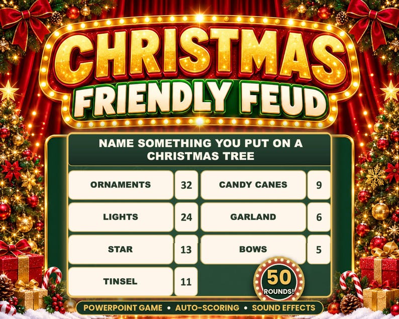 May include: A Christmas Friendly Feud game board featuring a gold-lit marquee title, red curtains, and decorated trees. The screen displays the question Name Something You Put On A Christmas Tree with a list of answers and scores.