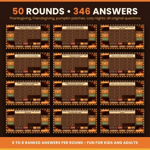 Grid of twelve different Fall Friendly Feud game question slides showcasing 50 rounds and 346 answers.