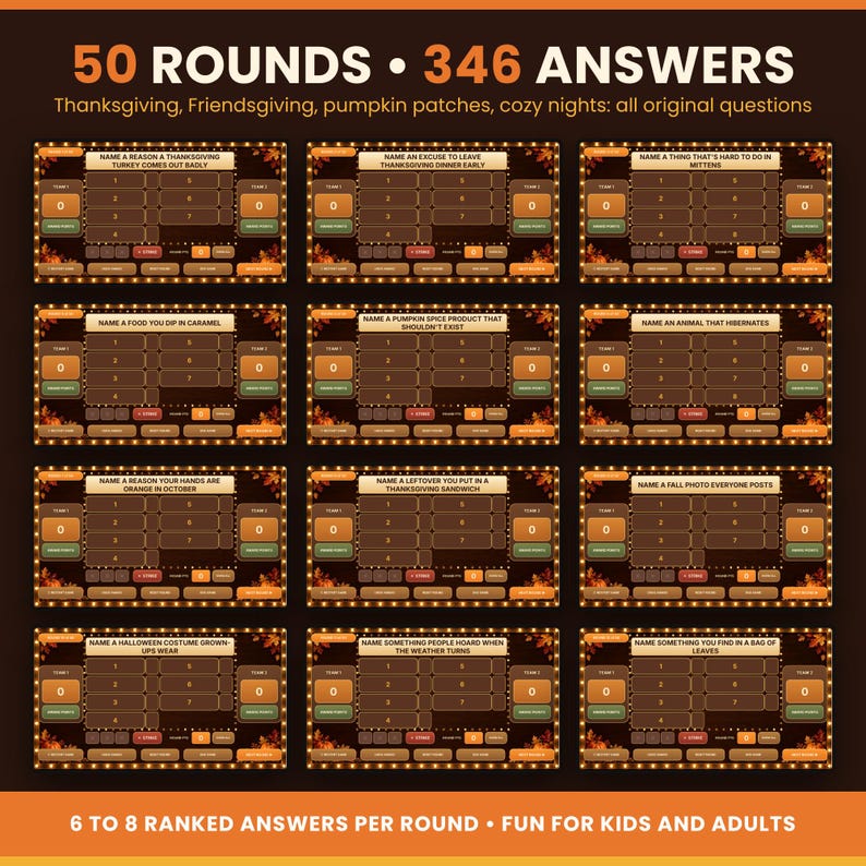 Grid of twelve different Fall Friendly Feud game question slides showcasing 50 rounds and 346 answers.