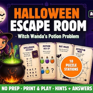 May include: A Halloween Escape Room game titled Witch Wanda's Potion Problem for ages 8+. The set includes four game cards featuring a Spellbook Decoder, Potion Mix-Up, Bat Maze, and Spider Web, alongside a cartoon witch, a black cat, and a cauldron.